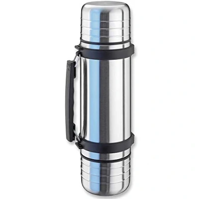 Image of Isosteel VA 9562DQ 1.0 L Duo Vacuum Insulated Flask with Quickstop Single Hand Pouring System and 2 Screw Off Drinking Cups, 18/8 Stainless Steel