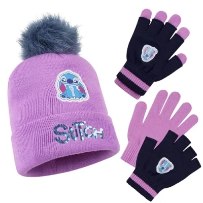 Image of Disney Stitch Girls Winter Accessories Set, Beanie Hat and Gloves Gifts
