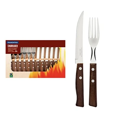 Image of Tramontina Cutlery Set with Steak Knives, 12 Piece Sharp Knife and Fork Wooden Handles, ‎Camping, Kitchen, Rustic, 22299002