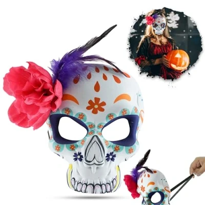 Image of Halloween Sugar Skull Pink Flower Masks Adults, Horror Kids, Hacker Mask, Skeleton Bone Mask for Parties Cosplay Size 18cm