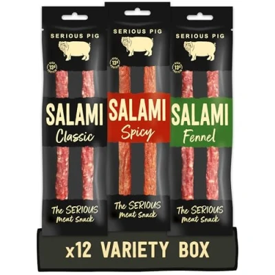 Image of SERIOUS PIG Salami Pub Snacks Variety Pack, Keto, High Protein, Free Range British Pork, Salami, 30 g (Pack of 12)