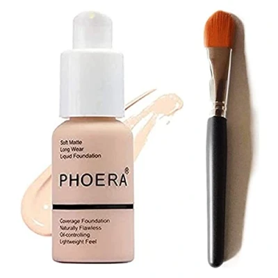 Image of Glamza PHOERA Foundation Concealer Makeup Full Coverage Matte Brighten Long Lasting + Professional Flat Face Brush (101 PORCELAIN