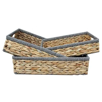 Image of Red Hamper Set of 3 Shallow Rectangular Water Hyacinth with Grey Rope Border Storage Basket, Brown