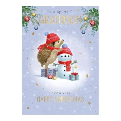 Image of Grandson Christmas Card Special Hedgehog and Snowman Artistic Festive Design Finish Made in the UK Eco Friendly