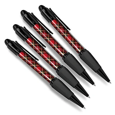 Image of Destination Vinyl ltd 4 x Matching Ballpoint Pens Red Tartan Scottish Fabric Scotland #15842