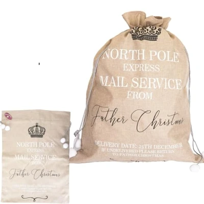 Image of SHATCHI Extra Large Santa Sack 60x80 cm Hessian Beige North Pole Express Mail Service Stocking Gift Bag with Drawstring, Christmas Accessories