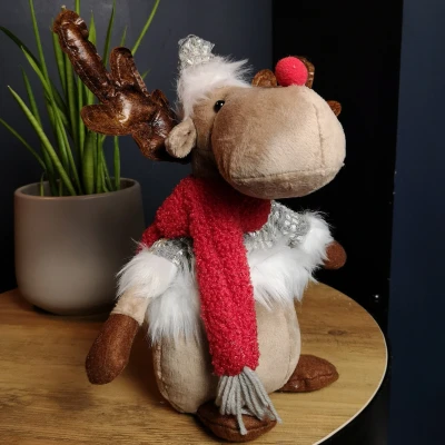 Image of 38cm Plush Reindeer Christmas Decoration with Hat and Scarf in Grey