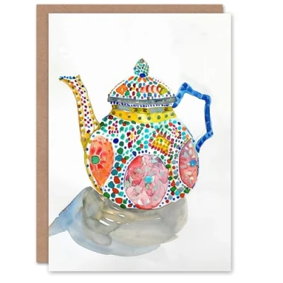 Image of Artery8 Greeting Card Teapot Colourful Patterns Watercolour Folk Art For Her Woman Birthday