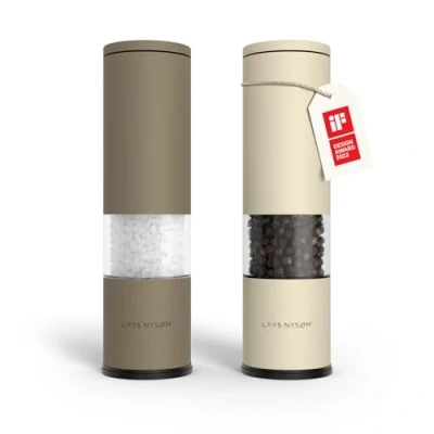 Image of LARS NYSØM Salt and Pepper Mills Set Stainless Steel with Adjustable Ceramic Grinder 2 Pieces I Design Spice Manual (Brown/Beige)