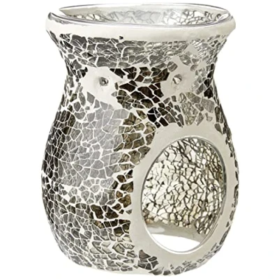 Image of Elegant Large Gunmetal Grey Glass Crackle Oil Burner 17cm x 14cm (1 Pc.) Luxurious Design, Premium Material, Aromatherapy Accessory Ideal for Home &amp; Office Decor