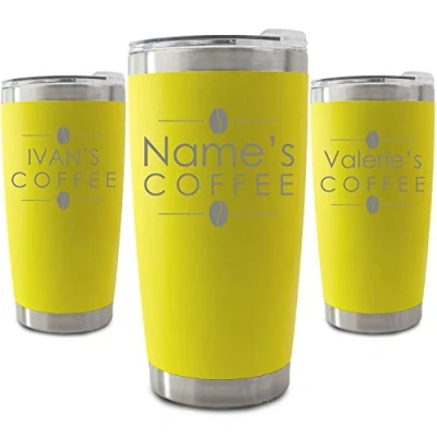 Image of Personalised Engraved 500ml Yellow Travel Cup with Name&#039;s Coffee Design, Personalise Any Name