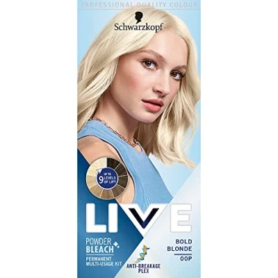 Image of Schwarzkopf LIVE Powder Bleach Bold Blonde Permanent Hair Colour 00P, Long Lasting for up to 9 Levels of Lift, Eye Catching Results