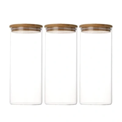 Image of NBBENG Glass Jars with Bamboo Lids,Clear Airtight Food Storage Container Jar Sealing Lid,Clear Kitchen Canisters for Spice Herbs Pasta Flour Coffee Tea Cookie Snack Seed Set of 3 (1300ml)