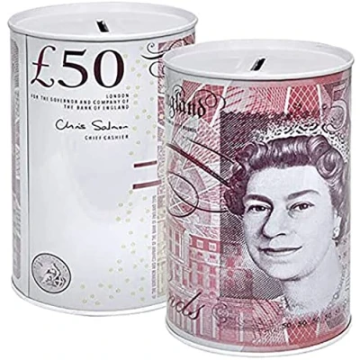 Image of KAV Sterling Money Tin Piggy Bank, Coin Tin, Cash Savings Box to Save Birthday Money, Holiday and Christmas Fund Cylindrical Shape Multicolour (15 cm x 10 cm) (Set of 2 £50)