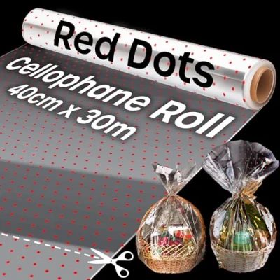 Image of 30m Christmas Cellophane Wrap, Wrap for Hampers, Clear with Red Dot Design Xmas, Roll Gift Baskets and Gifts, (40cm Wide)