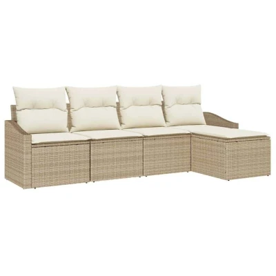 Image of vidaXL 5 Piece Garden Dining Set with Cushions Beige Poly Rattan
