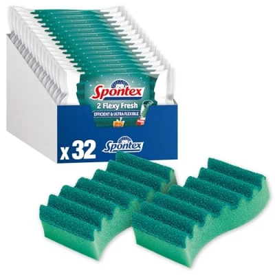 Image of Spontex Flexy Fresh Non Scratch Sponge Scourers Efficient and Ultra Flexible Special Surface Shape Antibacterial Protection 32pk, Green