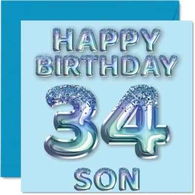 Image of 34th Birthday Card for Son Blue Glitter Party Balloons Happy Cards 34 Year Old from Mum Dad Parents, 145mm x Bday Greeting Gift