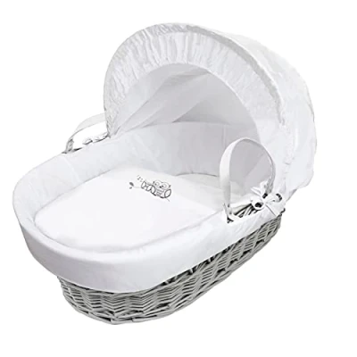 Image of ELEGANT BABY Palm Moses Basket with Full Bedding Set, Adjustable Hood, Fibre Mattress &amp; Padded Liner (Sleepy Owl Grey Wicker)