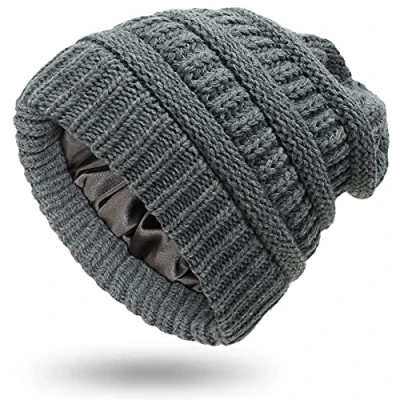 Image of XRDSS Women Warm Winter Hats Unisex Satin Lined Slouchy Cable Knitted Beanie Hat (Grey)