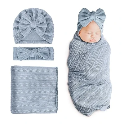 Image of DRESHOW Newborn Baby Blanket Soft Swaddle Blankets for Infant Swaddling Receiving Warm Wraps with Bow Hat Headband