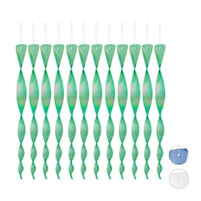 Image of Relaxdays Bird Repellent Spiral, Set of 12, Reflective, Balcony &amp; Garden, Wind Spinner, Length 40 cm, Deterrent, Green