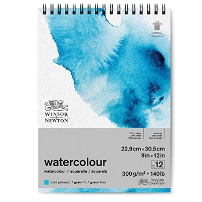 Image of Winsor and Newton Watercolour Paper Pad, 22.9 x 30.5 cm, 12 Sheets, 300 g/m�, Spiral Bound, Cold Pressed, Acid , Mixture of 25 Percent Cotton Cellulose Fibres, Natural White