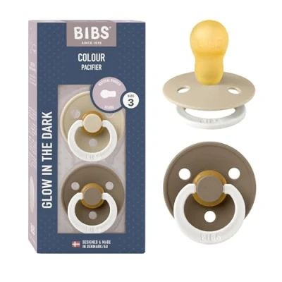 Image of BIBS Colour Night Glow in The Dark Soother 2 Pack, BPA Free Dummy Pacifier, Made Denmark, Size 3 (18+ Months), Vanilla Glow/Dark Oak