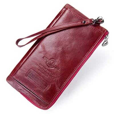 Image of Contacts Womens Real Leather Zipper Pocket ID Card Phone Holder Clutch Purse Wallet with Wristlet (Red)