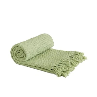 Image of Emma Barclay Honeycomb Recycled Cotton Plain Waffle Textured Chair Sofa Setee Throw Over Blanket in Pistachio Green 90x100 (228x254cm)