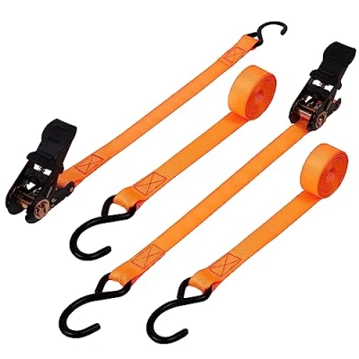 Image of Belle Vous 2 Pack of Tie Down Ratchet Straps with S Hooks &amp; Rubber Handles L4m/13ft x W25mm 500kg/1102lbs Break Strength Heavy Duty for Securing Cargo, Moving Appliances, Motorcycles