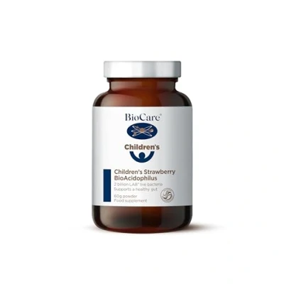 Image of BioCare Children&#039;s Strawberry BioAcidophilus 2 Billion Lab4 Friendly Bacteria Per Daily Intake Suitable for Children from 6 Months Old Vegetarians and Vegans 60g Powder