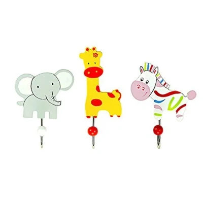 Image of Mousehouse Gifts Set of Three Safari Animal Themed Single Wooden Coat Hooks Wall Elephant Giraffe &amp; Zebra ideal for Boys or Girls Nursery Bedroom