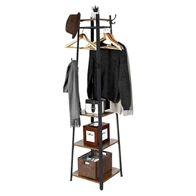 Image of unho Coat Rack Stand Industrial: Metal Hanger Free Standing with 4 Shelves Garment Clothing Rail Frame 8 Hooks for Clothes Hats Handbags