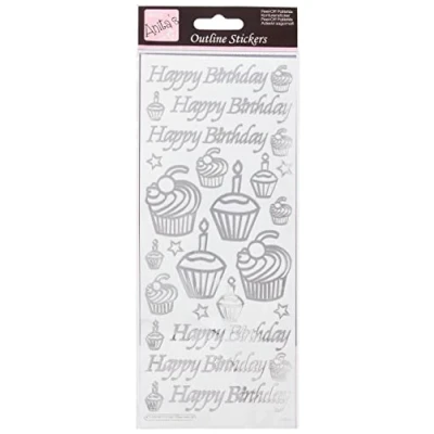 Image of Anitas Outline Stickers, Birthday Cupcake, Silver on White, For Scrapbooking, Card Making, Kids Play, Homework, Art, Craft, Embelish, Decorative, Paper, Card, Glass, Metal, Plastic, Foam