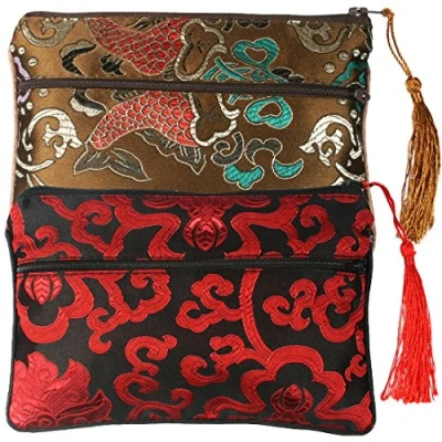 Image of kilofly Chinese Silk Brocade 2 Zipper Pockets Tassel Jewelry Pouch Bag, Set of