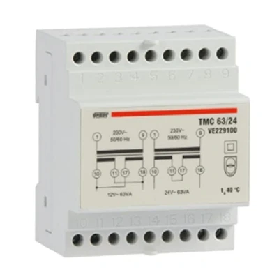 Image of VEMER VE229100 model TMC 63/24 DIN rail mounting safety transformer for continuous service 230V/12 24V. Color Grey