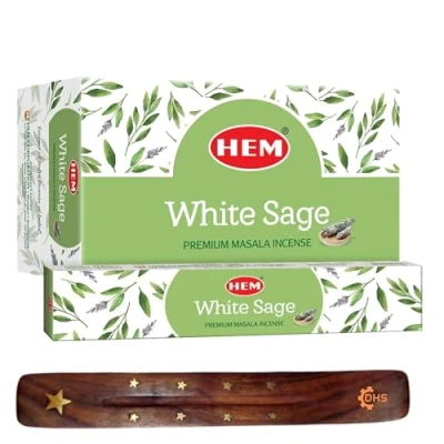 Image of HEM White Sage Premium Incense Sticks, Full Pack of 12, Each 15 gms with DHS stick holder for Yoga, Meditation, Healing, Spirituality, Aromatherapy, Spa and Relaxation…