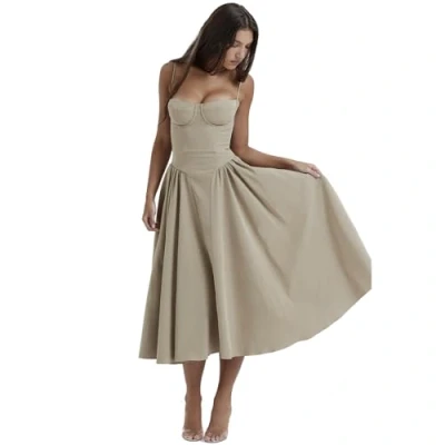 Image of Sleeveless Corset Fit Midi Dress Spaghetti Strap Sundress Solid Color Print Bustier High Waist A Line with Pockets (Coffee,M)