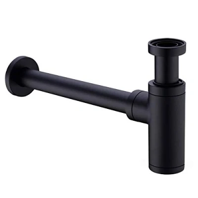 Image of Brass Bottle Trap 1 1/4, Round Decorative P trap, Adjustable Waste Traps Plumbing Drain Tube for Bathroom Sink Basin Vessel, Matte Black