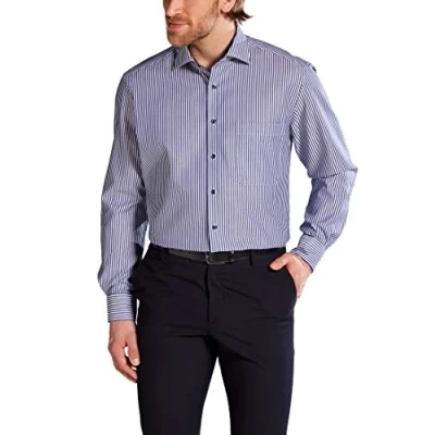 Image of Eterna Long Sleeve Shirt Comfort FIT Twill Striped Blue/White