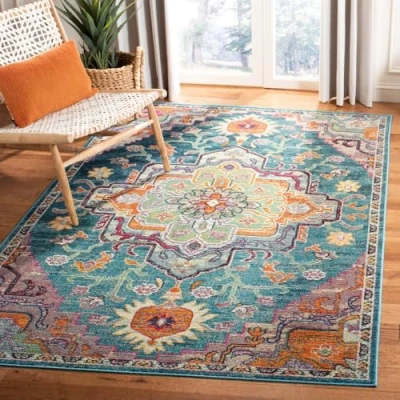 Image of SAFAVIEH Boho Rug for Living Room, Dining Bedroom Crystal Collection, Short Pile, in Teal and Rose, 122 X 183 cm
