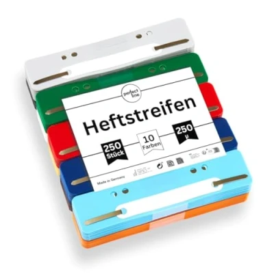 Image of perfect line 250 Polypropylene Filing Strips, Recyclable Plastic, Made in Germany (10 x 25, 0.250 mm, 15 3.4 cm, 10 Colors, 1000 Holes, Pieces, A4, Storage Binder Accessory)