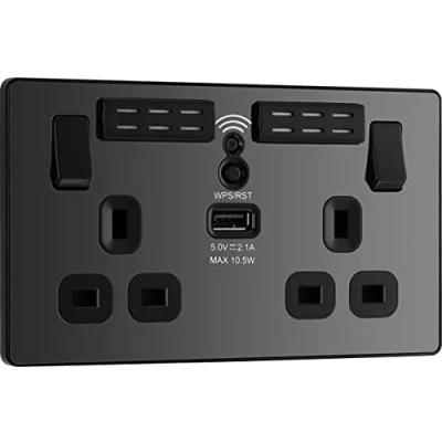 Image of BG Electrical Double Switched Power Wall Plug Socket with Type A USB Charging Port and Wi Fi Extender, Evolve, Black Chrome, 13A, PCDBC22UWRB