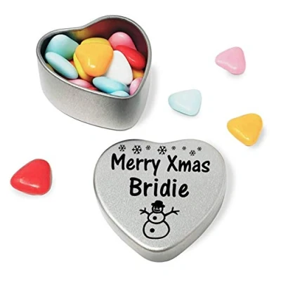Image of Gift In Can Merry Xmas Bridie Heart Shaped mini Tin filled with coloured chocolates perfect christmas card alternative for Fun Festive Snowman Design