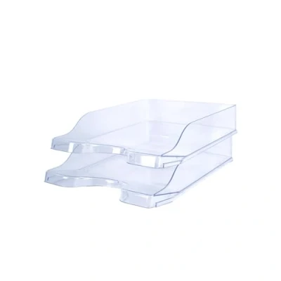 Image of Deflecto 2 Pk A4 Self Stacking letter tray In Crystal Clear, paper organiser, organiser storage, desk trays CP130YTCRYX2