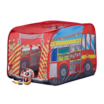 Image of Relaxdays Fire Brigade Play Tent, Pop Up Truck Playhouse, For Indoor &amp; Outdoor Use, 70x110x70 cm, Age 3 and Up, Red