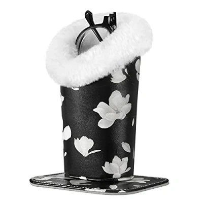 Image of MoKo Eyeglasses Holder, Modern Velvet Plush Lined PU Leather Household Magnetic Holder Protective [Anti scratch] [Dustproof] Stand Case for Eyeglass and Sunglasses, Black &amp; White Magnolia