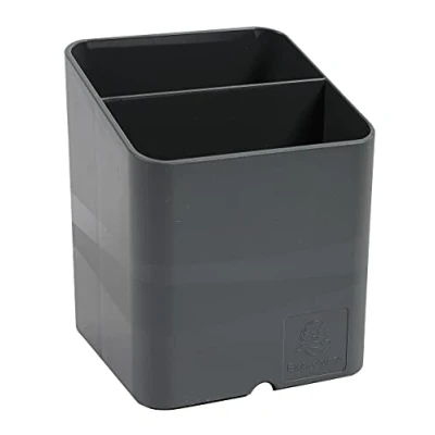 Image of Exacompta Ref 67707D PEN Pot CUBE 74 x 93mm in Size, 2 Compartments for Organising Pens &amp; Pencils, Groove Underneath to Feed Cables Office Mouse Grey