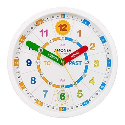 Image of Amonev Time Teacher Scope Wall Clock for Children, Easy to Read Dial with Silent Ticking. Teach Children how and Tell the this Analogue Clock.